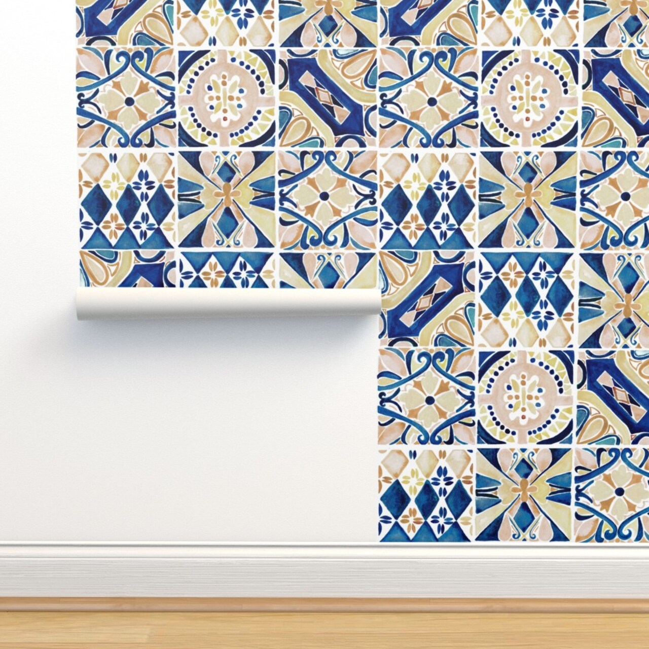 Blue Geometric Watercolor Painting Italy Rustic Tuscany Mediterranean Watercolour Italian Villa Tiles Large Scale Custom Removable Wallpaper by Spoonflower Peel & Stick Wallpaper 2FT Wide